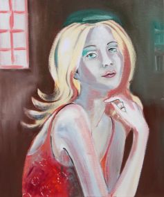 DDR-Künstlerin, Hanna Albrecht: Porträt vom Mädchen im roten Kleid, Ölfarbe auf Leinwand, 60 x 50 cm, Berlin, Jahr 1986, 1.000 €