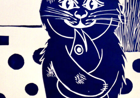 Bildserie: Blaue Linoldrucke – Originalkunst von Diana Achtzig Linoldruck „Katze mit Fisch“ – Ausdrucksstarkes Katzen-Porträt in Blau  Auflage: 250 signierte, nummerierte Exemplare, -- 99 €