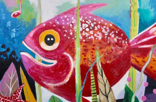 Kunst kaufen handgemaltes Ölbild Diana Achtzig: „Roter Musikfisch“, Ölfarbe auf Leinwand, 80 x 80 cm, Berlin, 2020 – 2021, 750 €