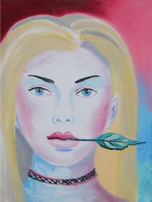 Kathleen van Sterge: Porträt mit Blatt im Mund, Ölfarbe auf Leinwand, Kunstkauf