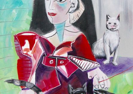 Diana Achtzig: „Dora Maar mit zwei Katzen“, Ölfarbe auf Leinwand, 80 x 60 cm, Jahr: 1981, tepaar von Chirurgen vor dem OP, Ölfarbe und Acryllack auf Leinwand, 100 x 80 cm, Kinderzeichnung von 1987. Preise auf Anfrage.