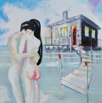 Diana Achtzig: Haus am See,Ölfarbe auf Leinwand, 100 x 100 cm, Berlin 2016, 2.600 €